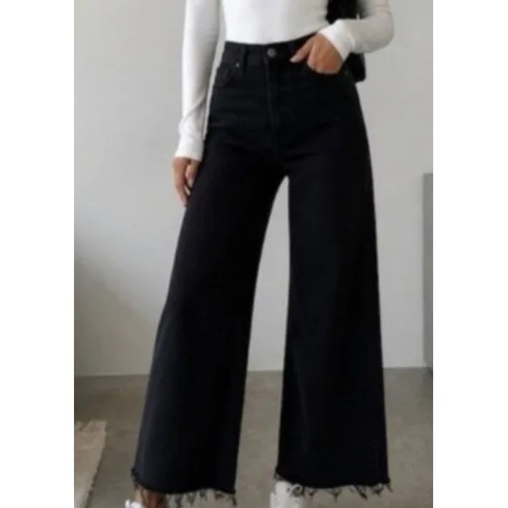Zara The Marine Straight Wide Leg Pants Womens Size 10 Black High Rise Raw Hem